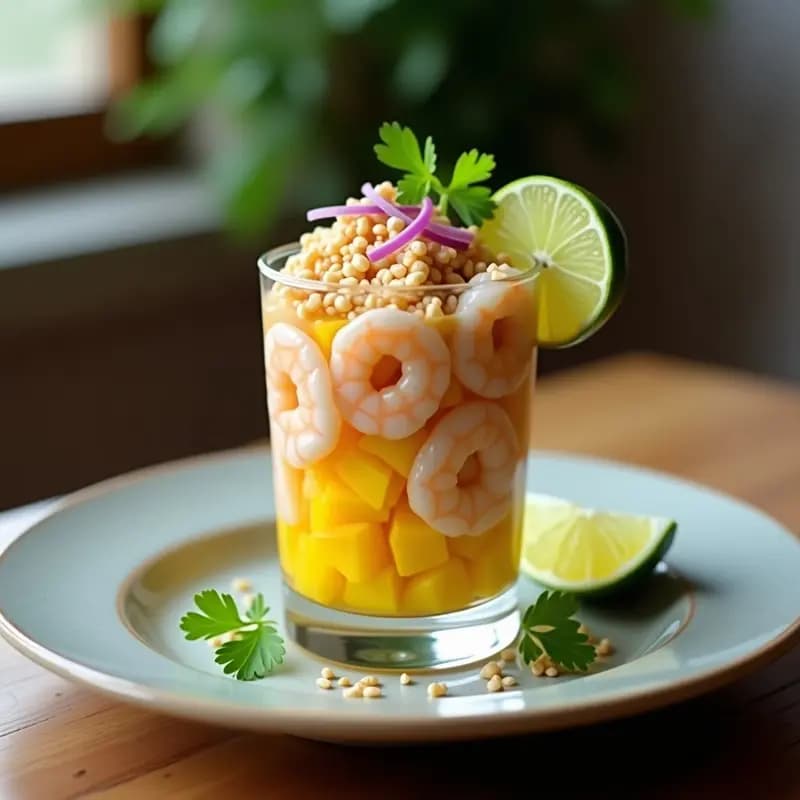 Ceviche peruano de langostinos y mango con leche de tigernut servido en un bol blanco sobre fondo de madera, decorado con pimienta rosa, cilantro y hojas de menta, con rodajas de lima al lado.