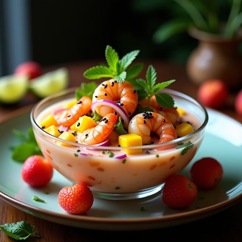Ceviche asiático de langostinos y mango con leche de tigre de lichi, servido en copa de cristal con semillas de sésamo negro, algas nori y hojas de menta fresca sobre fondo oscuro.