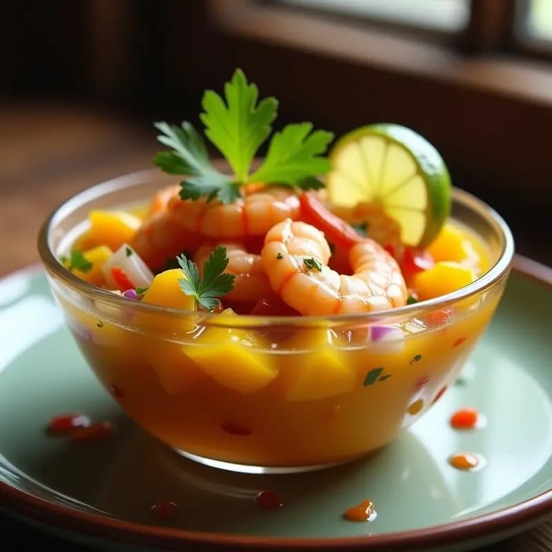 Copa de cristal transparente con ceviche ecuatoriano de langostinos rosados y cubos de mango amarillo, bañado en salsa de maracuyá dorada. Decorado con cilantro fresco y rodajas de limón verde sobre fondo de madera rústica.