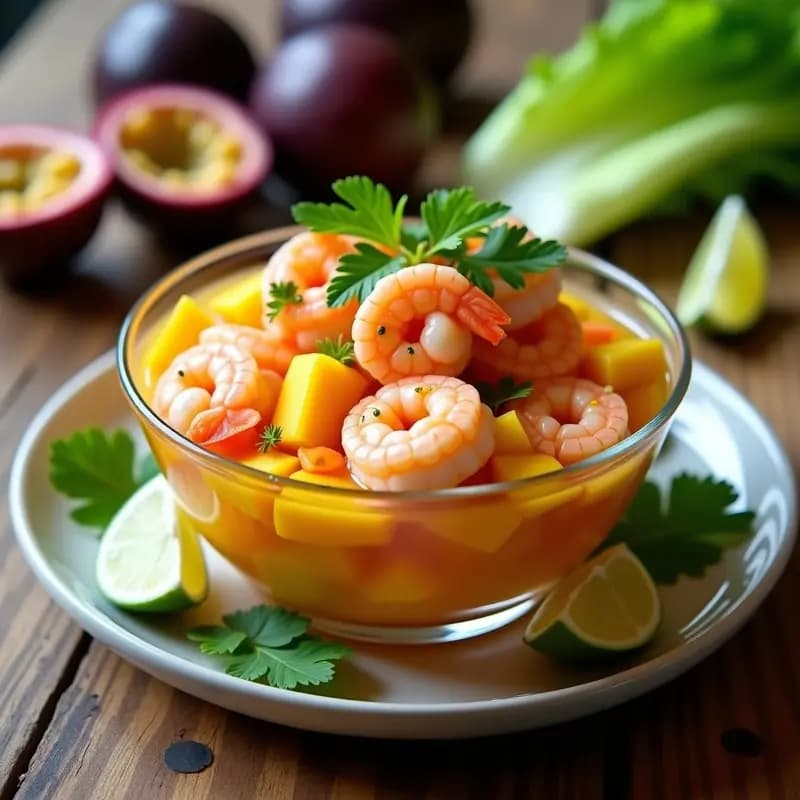 Ceviche peruano de langostinos con mango y maracuyá servido en copa de vidrio transparente, con trozos de langostino rosado, cubos de mango amarillo, pulpa de maracuyá vibrante y semillas de sésamo espolvoreadas. Acompañado de hojas de lechuga morada y rodajas de limón verde, sobre fondo de madera rústica con luz natural.