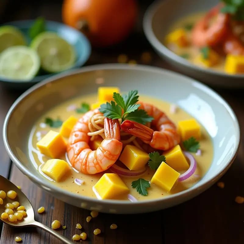 Plato blanco ovalado con ceiche de langostinos y mango: trozos de langostinos rosados marinados en leche de tigre amarilla, cubos de mango naranja, cebolla morada en juliana, apio verde, cilantro fresco y cancha serrana dorada, sobre hojas de lechuga morada. Receta peruana fresca y colorida.