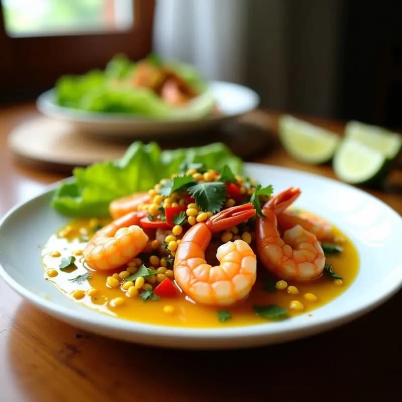 Plato blanco con ceviche de langostinos marinado en leche de tigre de maracuyá y chile de árbol, servido sobre hojas de lechuga romana, decorado con maíz tostado y cilantro fresco.