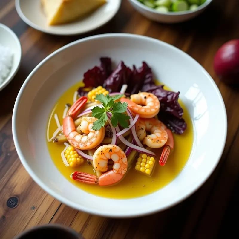 Plato hondo de cerámica blanca con ceviche de langostinos rosados marinados en leche de tigre amarilla, decorado con semillas negras de maracuyá, rodajas moradas de camote y granos de maíz amarillo. Hoja de culantro fresco y hielos al lado. Fondos borrosos de limones y chile rocoto rojo.