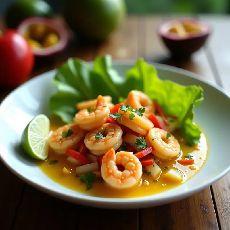 Ceviche de langostinos con maracuyá y jengibre servido en hojas de lechuga morada, con semillas de sésamo espolvoreadas y rodajas de limón verde. Plato fresco y colorido de la cocina costarricense.