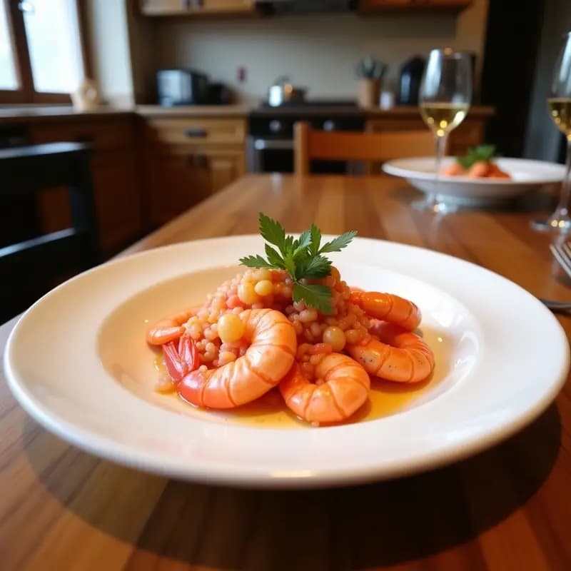 Ceviche de langostinos y pomelo rosa servido en plato blanco sobre hojas de lechuga romana, acompañado de rodajas de camote morado y cancha serrana, con un toque cítrico y picante típico de la cocina peruana.