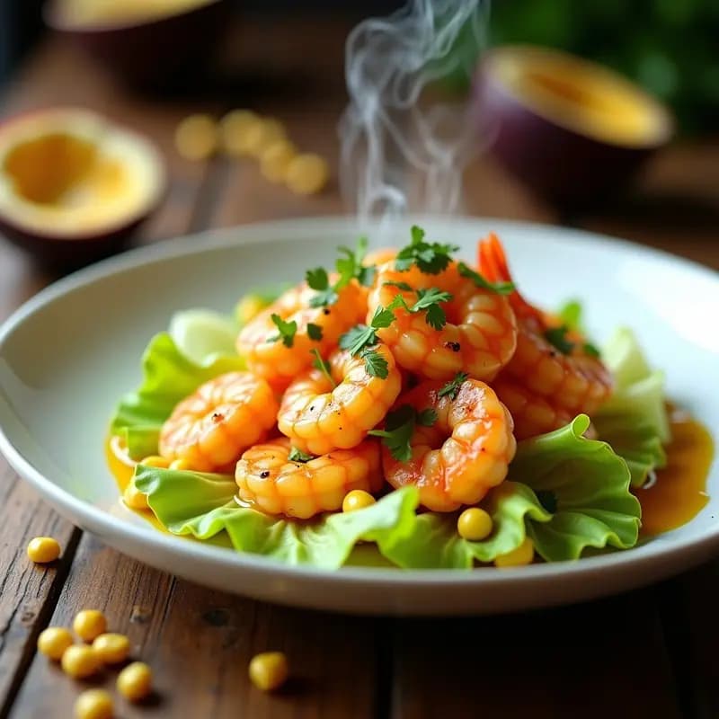 Plato hondo blanco con ceviche de langostinos en trozos, bañados en salsa de maracuyá dorada, sobre hojas de lechuga hoja de roble. Acompañado de cancha serrana y decorado con cilantro fresco y gotas de salsa de maracuyá. Receta peruana fusion con toque ácido.