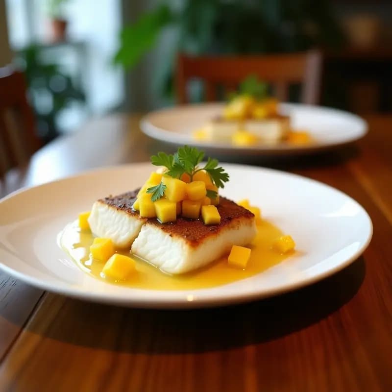 Plato de ceviche de lubina con leche de coco y mango, servido en hoja de lechuga, decorado con semillas de sésamo y cilantro fresco, receta peruana sin gluten y sin cocción.