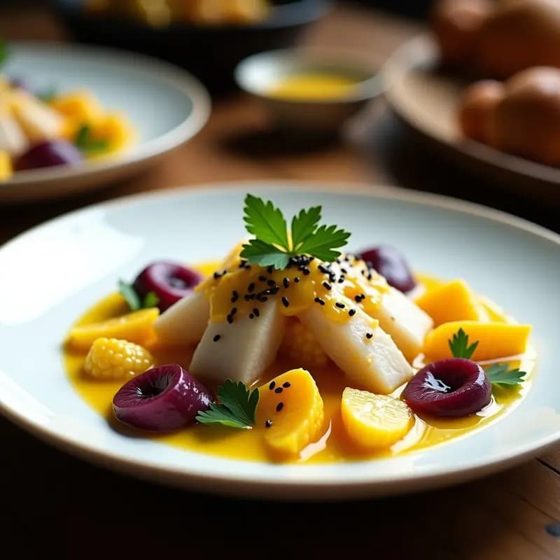 Plato hondo de cerámica blanca con ceviche de lubina en dados, bañado en Tiger’s Milk de maracuyá amarilla brillante, acompañado de cubos de camote morado, cebolla roja en juliana, culantro picado y semillas de sésamo tostado. Decorado con hojas de hierbabuena y rodajas de lima verde.