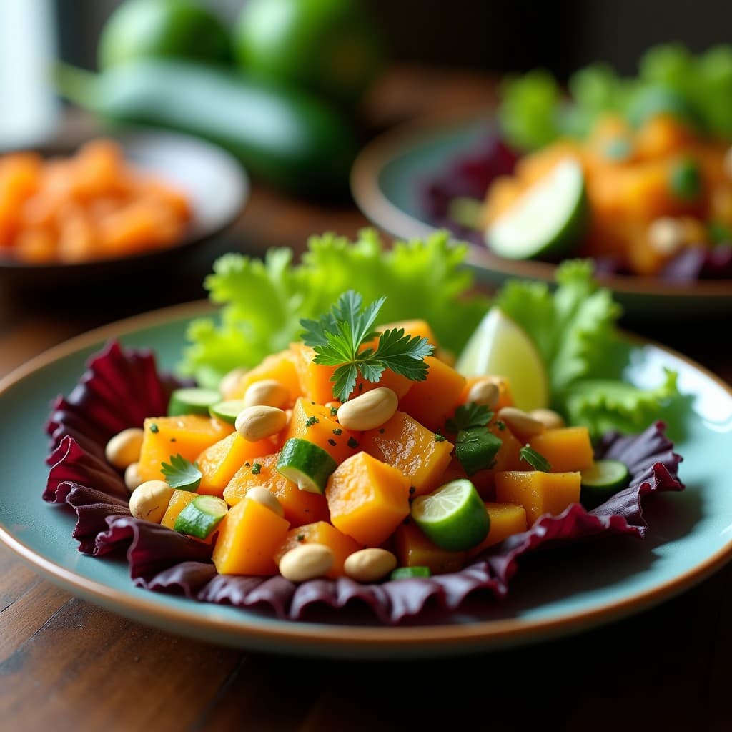 Ceviche de lulo y pepino servido sobre hojas de lechuga morada, decorado con maní picado y cilantro fresco, con rodajas de lima al lado. Plato colorido y refrescante típico de la cocina peruana exótica.