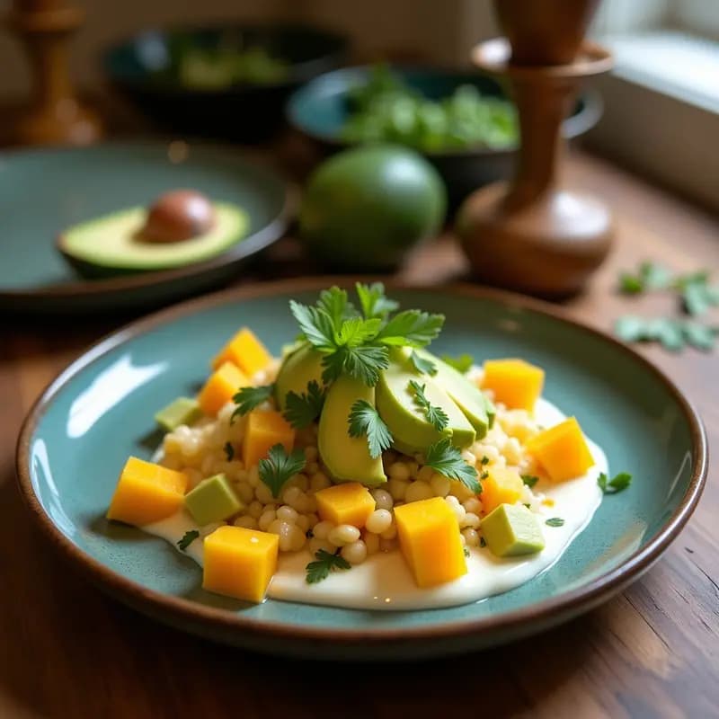 Ceviche vegano peruano servido en copa de cristal con capas visibles de mango amarillo, aguacate verde cremoso y leche de coco espesa, decorado con semillas de sésamo, cilantro fresco y una rodaja de lima al lado.