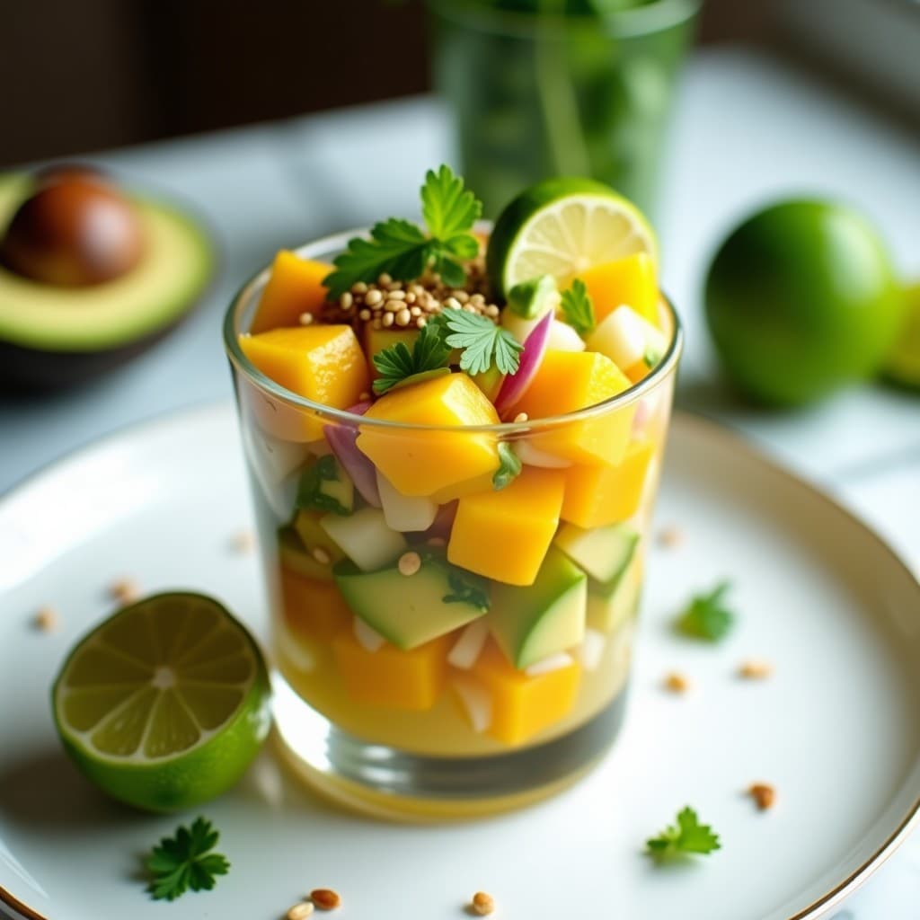 Ceviche vegano de mango y aguacate con limón y cilantro servido en hoja de lechuga romana, con semillas de sésamo tostado y rodajas de limón verde como decoración, en un plato blanco sobre fondo rústico de madera.