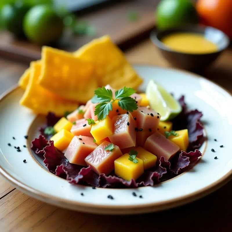 Plato blanco con ceviche de atún y mango en cubos, marinado en leche de tigre, acompañado de chips dorados de banano verde crujientes y hojas de lechuga morada. Decorado con semillas de sésamo y rodajas de lima.