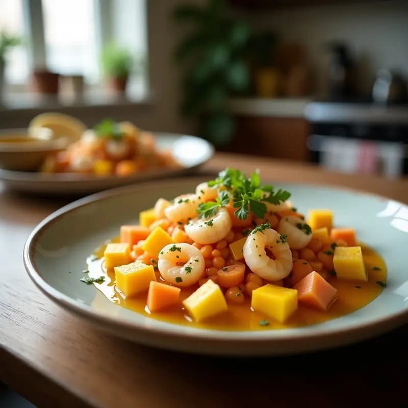 Ceviche de mango biche y camarones servido en copa de cristal sobre hojas de lechuga morada, con tiras de mango verde, trozos de camarón marinado en naranja sanguina, aguacate en cubos y semillas de sésamo. Plato fresco, vibrante y lleno de colores tropicales.