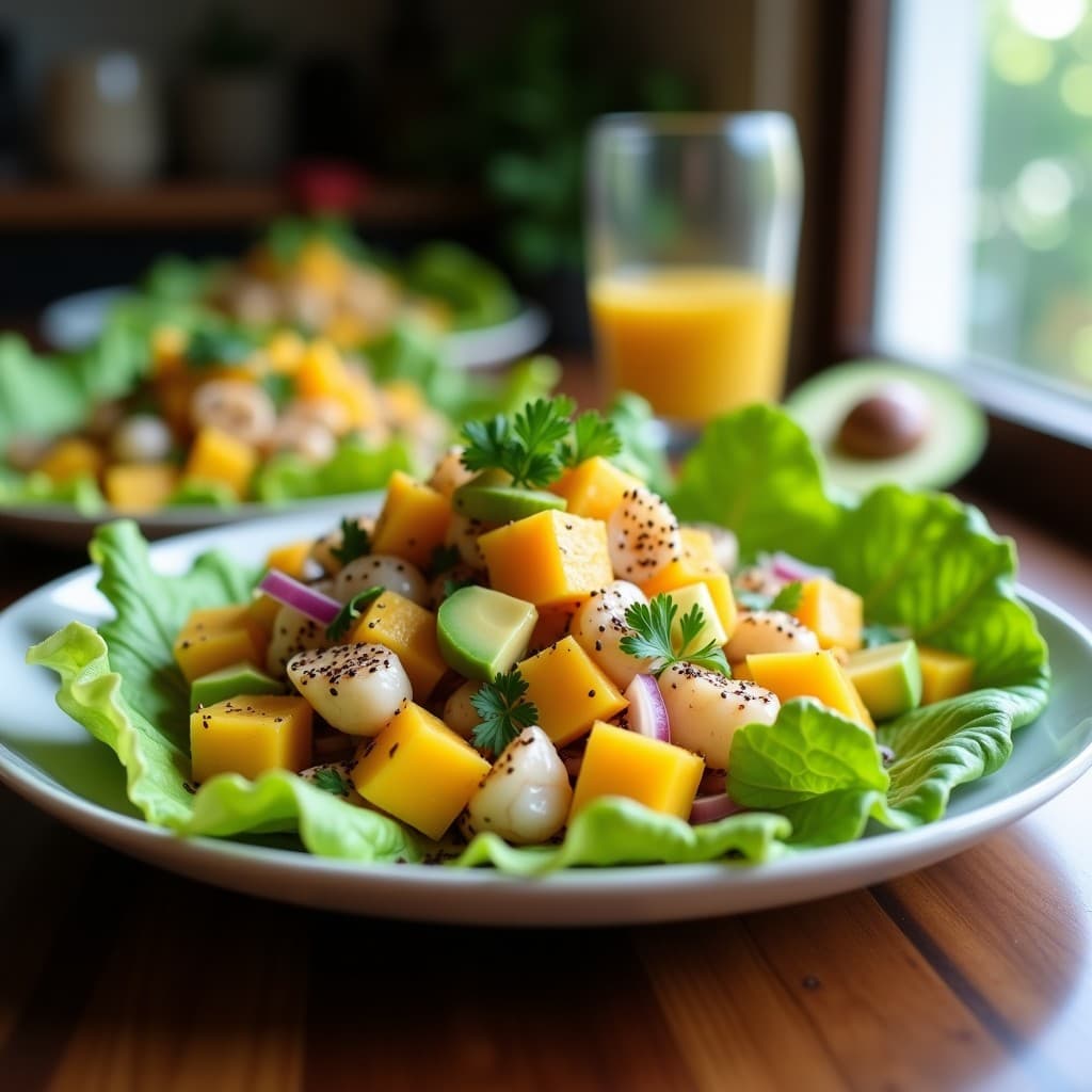 Ceviche vegano crudivegano con camarones de chía, cubos de mango maduro y leche de tigre de maracuyá en un plato hondo blanco. Decorado con cilantro fresco, granos de pimienta rosa y copos de alga nori, sobre un fondo rústico de madera con limones verdes al lado.