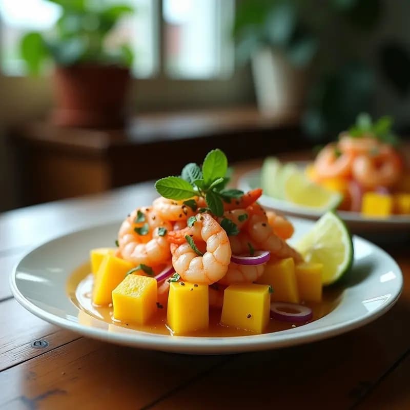 Ceviche de mango y camarón con vinagreta de maracuyá servido en copa de cristal transparente, con trozos de mango amarillo brillante, camarones rosados, cebolla morada en juliana, cilantro fresco y semillas de sésamo tostado por encima. Acompañado de hojas de menta y rodajas de limón verde al lado, sobre un fondo de madera rústica con luz natural.