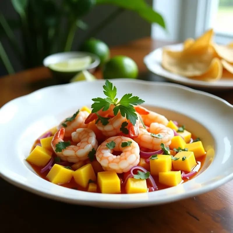 Ceviche de mango y camarones encurtidos servido en plato blanco hondo, con trozos de mango amarillo brillante, camarones rosados marinados, cebolla morada encurtida y cilantro fresco. Acompañado de rodajas de limón verde y hielos para resaltar su frescura.