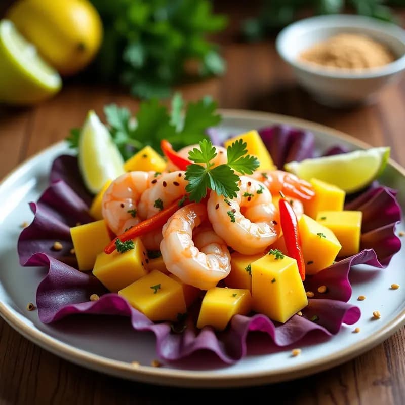 Ceviche de mango y camarones peruano baja en calorías servido sobre hojas de lechuga romana, con trozos de mango dorado, camarones rosados y semillas de sésamo tostadas, acompañado de rodajas de limón verde.