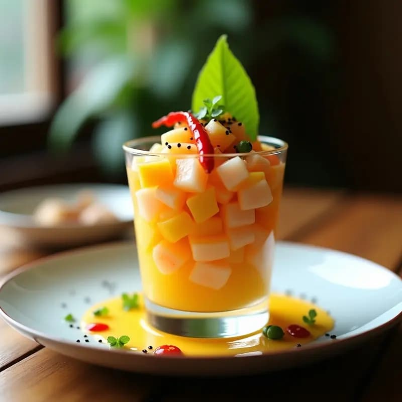 Ceviche tailandés-peruano de mango y camarones en copa de cristal, con leche de tigre de limón y chili, decorado con cilantro y semillas de sésamo. Fondos de hojas de lechuga morada y rodajas de limón kaffir.