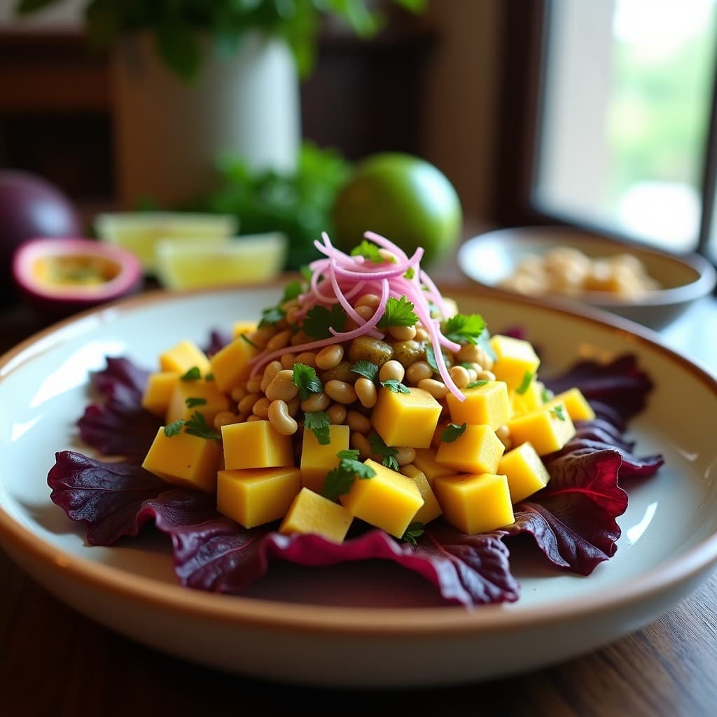Plato de ceviche vegano peruano con cubos de mango verde, láminas de champiñones shiitake, cebolla morada y cilantro, bañado en leche de tigre de maracuyá amarilla. Decorado con anacardos picados y servido sobre hojas de lechuga morada.