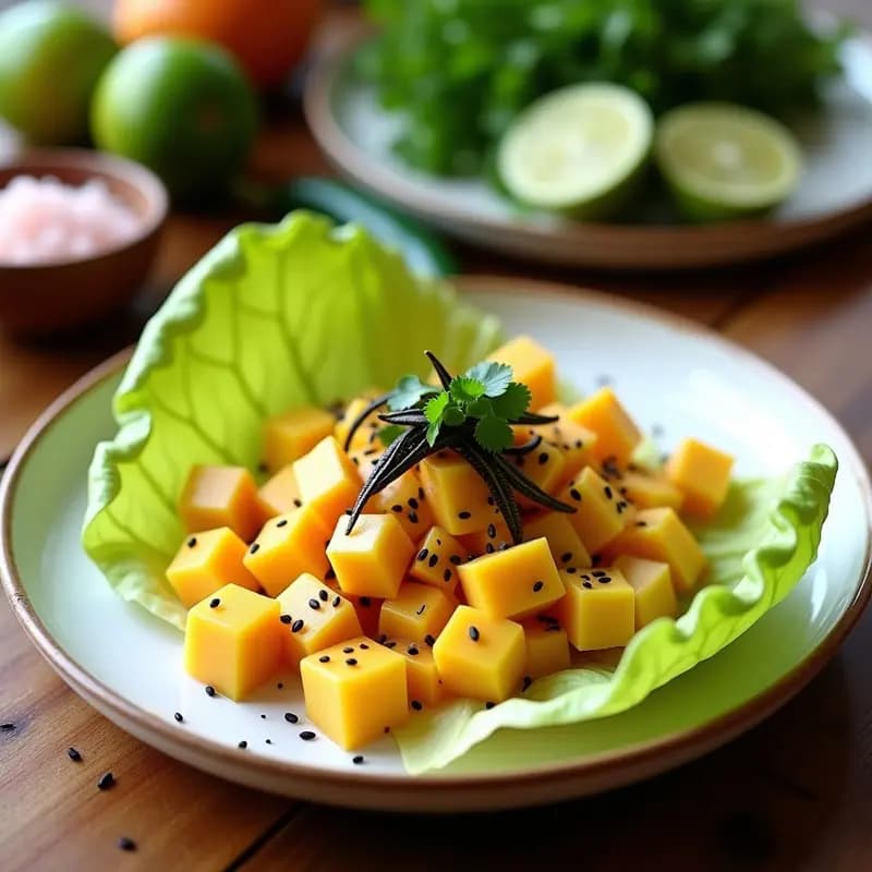 Ceviche de mango y cucaracha de mar servido en plato blanco sobre hoja de lechuga, decorado con tiras de alga nori, semillas de sésamo negro y culantro fresco, con fondo de limones sutiles y ají limón.