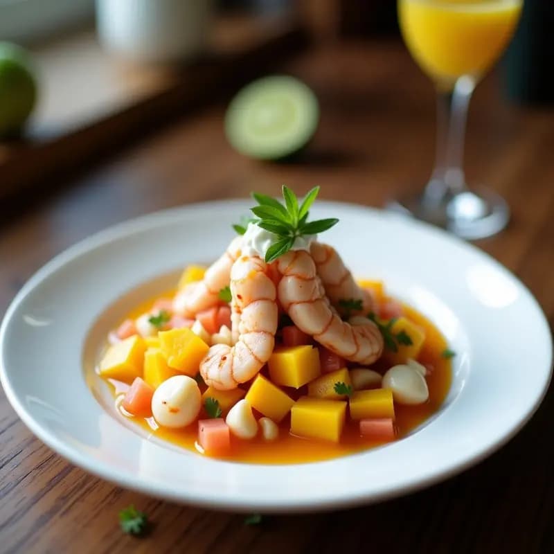 Ceviche de mango y langosta con katar de coco servido en hojas de lechuga morada, decorado con semillas de sésamo y un hilo de reducción de coco sobre fondo rústico de madera.