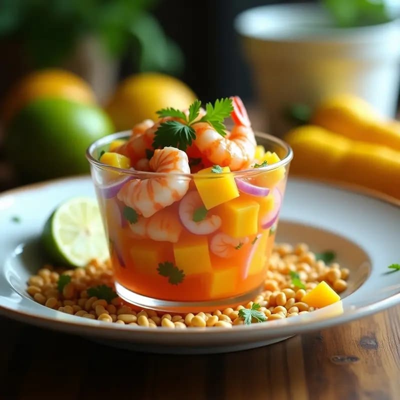 Ceiche de mango y langostinos servido en copa de cristal transparente, con trozos de mango dorado, langostinos rosados, cebolla morada, cilantro fresco y anacardos tostados espolvoreados. Fondo borroso con limones verdes y ají amarillo.