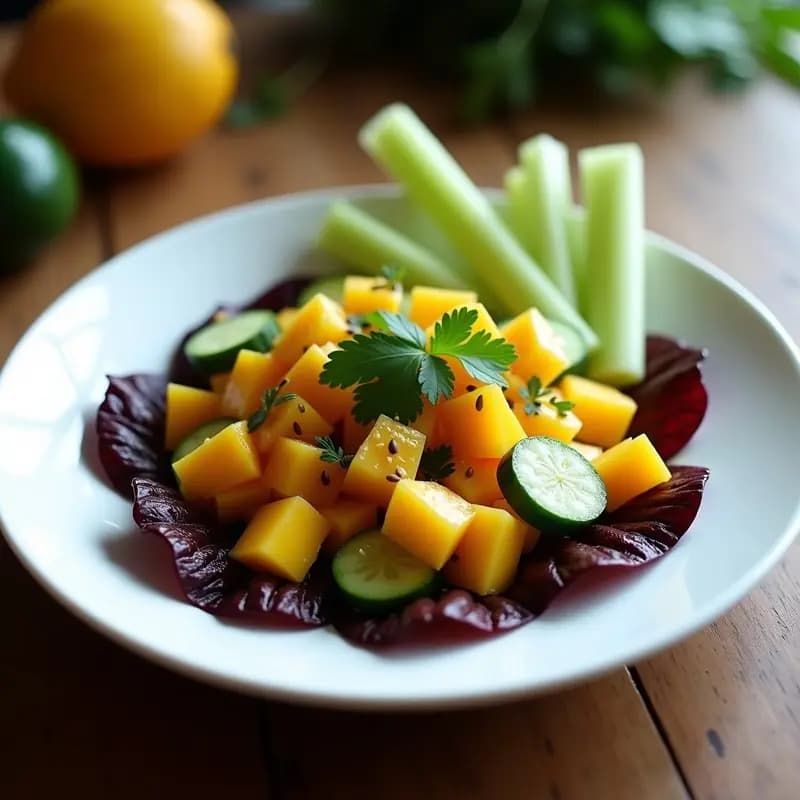 Plato blanco ovalado con ceviche vegano de mango y pepino con algas dulse, servido sobre hojas de lechuga morada, acompañado de bastones de apio y decorado con semillas de sésamo y cilantro fresco.