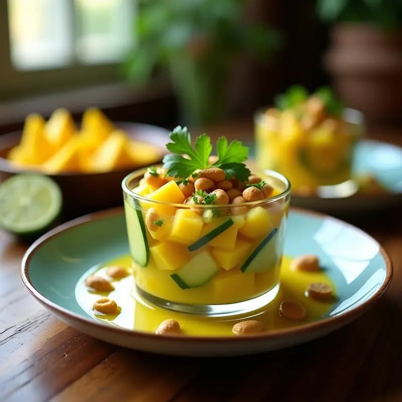 Ceviche de mango verde y pepino en cubos, bañado en leche de tigre amarilla, con cacahuetes tostados triturados y cilantro fresco. Servido en copa de cristal sobre fondo de madera rústica, receta fusion peruanotailandesa.