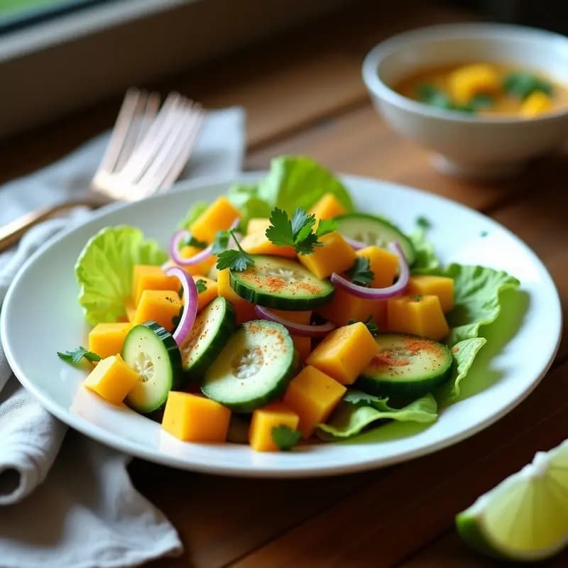 Ceviche vegano de mango y pepino con chile Tajín servido en hojas de lechuga romana, decorado con láminas de aguacate y cilantro fresco, en un plato blanco rústico sobre fondo de madera clara.