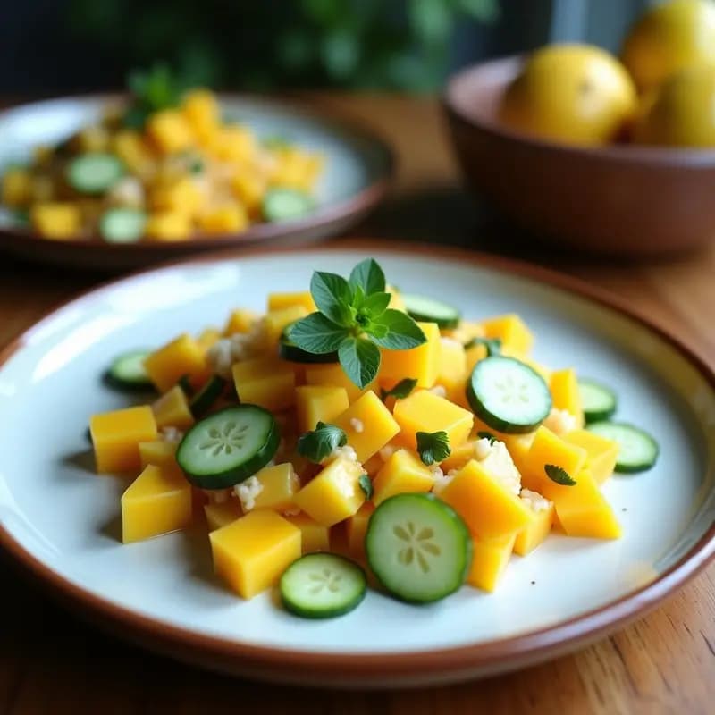 Ceviche tailandés de mango y pepino con leche de coco servido en copa de cristal transparente, decorado con semillas de sésamo y algas nori, sobre fondo de madera oscura con hojas de cilantro.