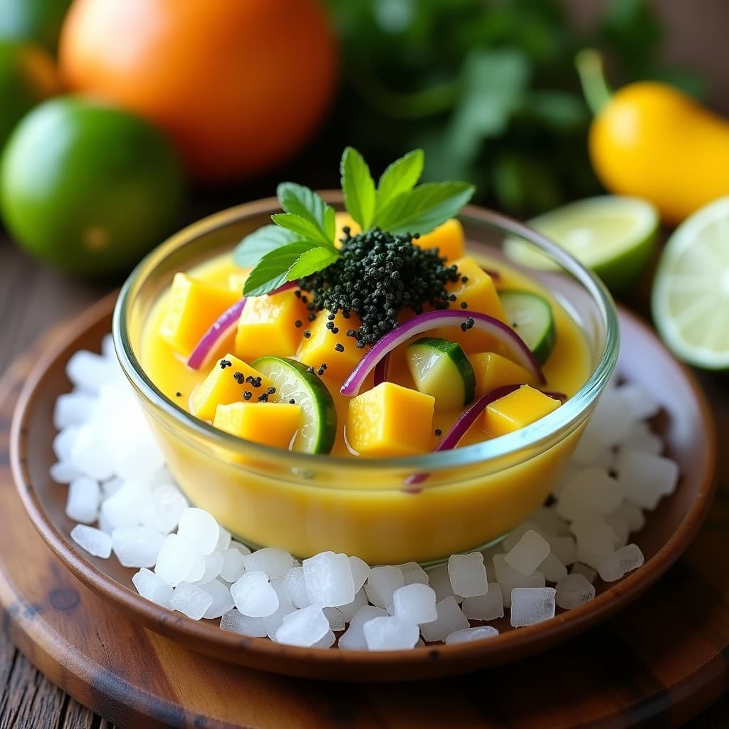 Ceviche vegano de mango y pepino con leche de tigre, servido en copa de cristal sobre hielo picado, decorado con algas nori desmenuzadas, cilantro fresco y maíz tostado, con fondo de limas cortadas y ají amarillo.
