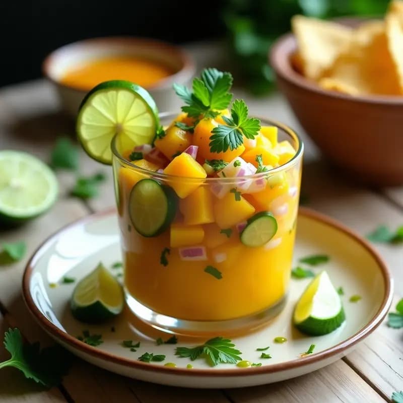 Ceviche de mango y pepino con vinagreta de lima servido en barquitos de endibia sobre hojas de lechuga morada, espolvoreado con semillas de sésamo y decorado con cilantro fresco.