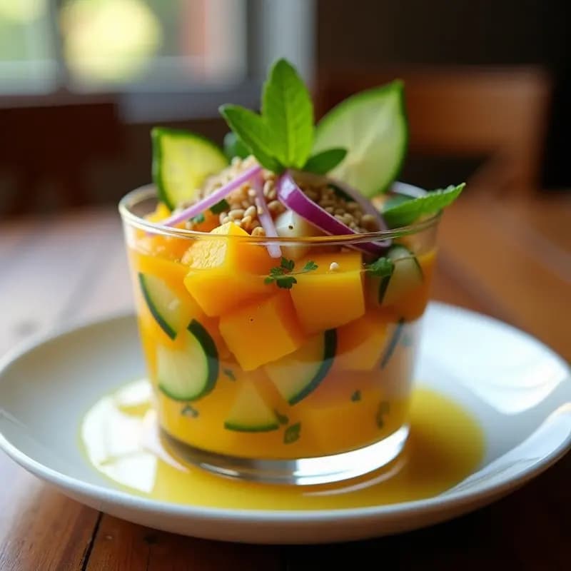 Ceviche de mango y pepino con vinagreta de tamarindo servido en copa de cristal transparente, con cubos de mango Ataulfo, rodajas de pepino persa y cebolla morada en juliana. Decorado con semillas de sésamo tostadas, hojas de menta y cilantro fresco. Fondo borroso con textura de madera rústica.
