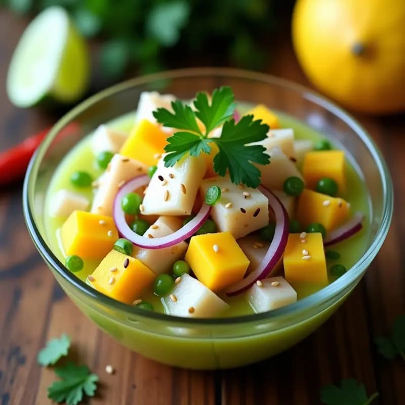 Ceviche de mango y pescado blanco servido en copa de cristal, con trozos dorados de mango ataulfo, pescado blanco marinado en leche de tigre, cebolla morada, cilantro fresco y semillas de ajonjolí tostado. Plato fresco y colorido, típico de la fusión mexicana-peruana.