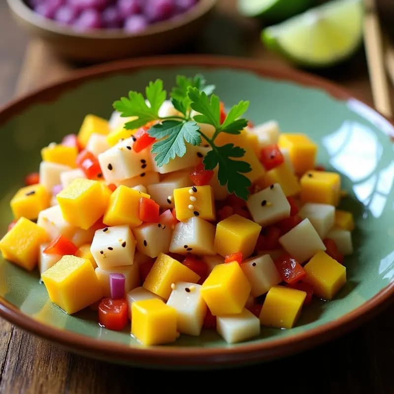 Plato hondo de cerámica blanca con ceiche de mango y pescado blanco, láminas de pescado marinado en leche de tigre cítrica, cubos de mango maduro, cebolla morada en juliana y cilantro fresco, decorado con rodajas de limón verde y un hilo de aceite de oliva sobre fondo rústico de madera.