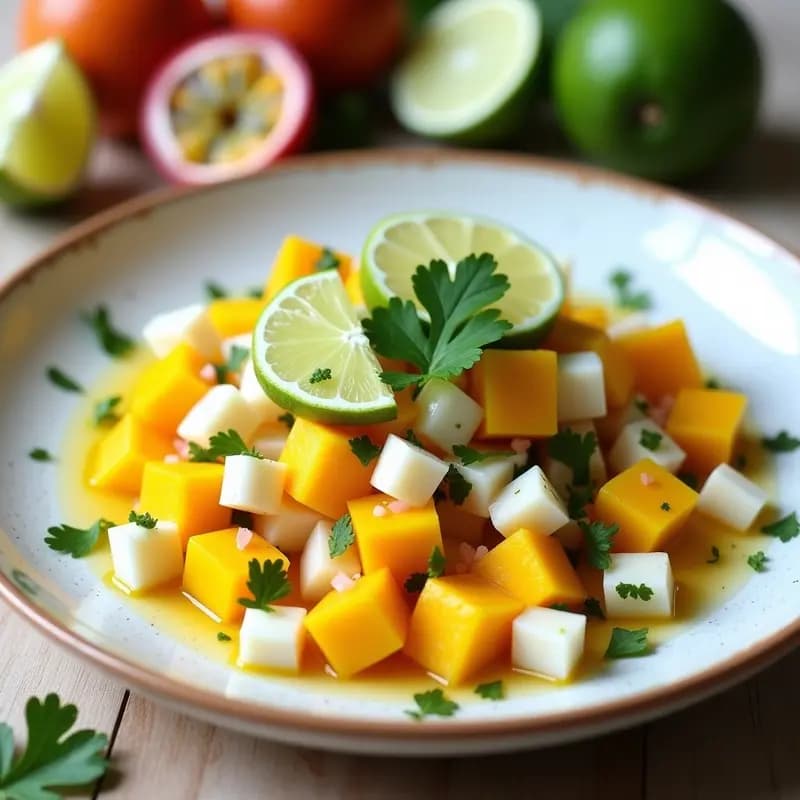 Ceviche ecuatoriano de mango y pescado blanco con toques de maracuyá, servido sobre hojas de lechuga fresca en un plato blanco rústico. Decorado con semillas de sésamo tostado y cilantro picado, con rodajas de limón verde al lado.