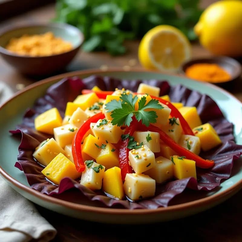 Copa de cristal transparente con ceviche de mango y pescado blanco, bañado en leche de tigre amarilla, decorado con hierbabuena y almendras tostadas, sobre fondo de madera rústica con cancha serrana al lado.