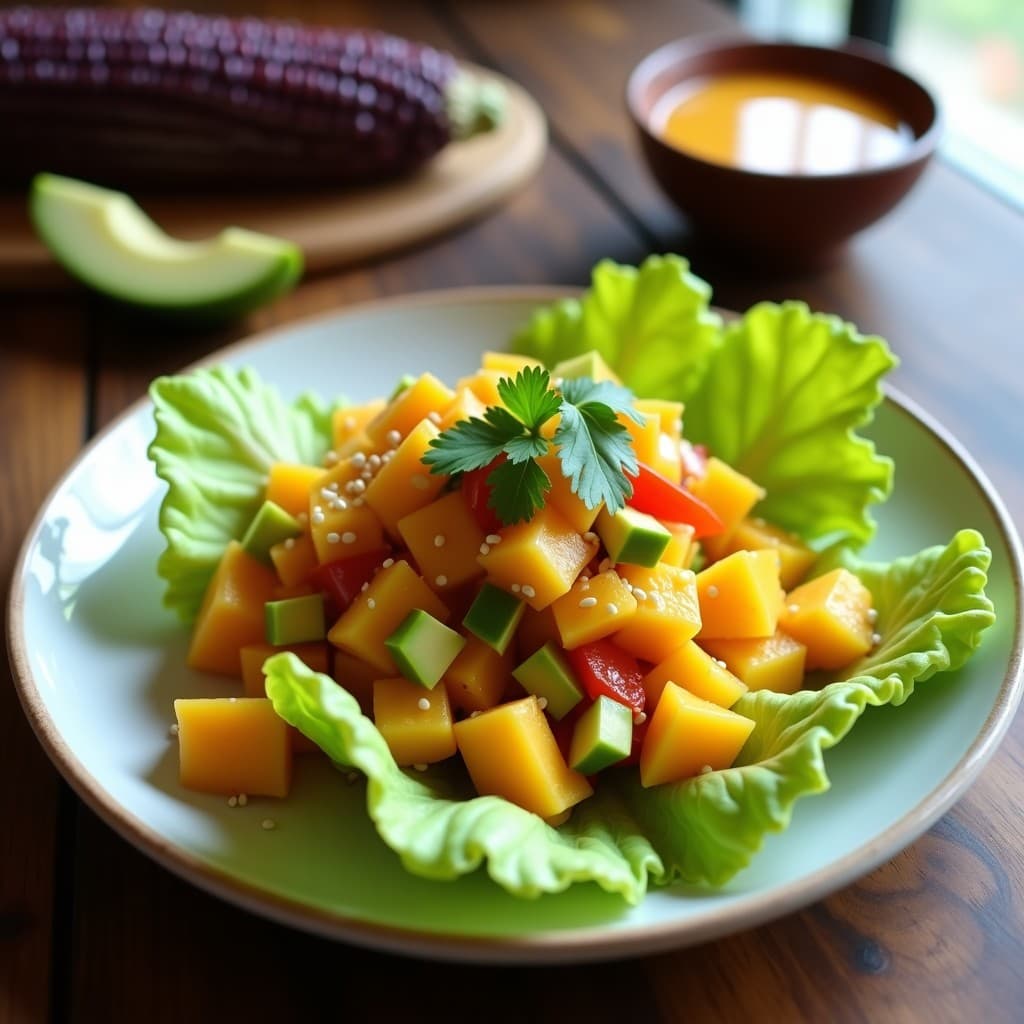 Ceviche de mango y pimiento con leche de tigre de lima servido sobre hojas de lechuga romana, decorado con semillas de sésamo y aguacate en cubos, con un fondo de maíz morado y cilantro fresco.