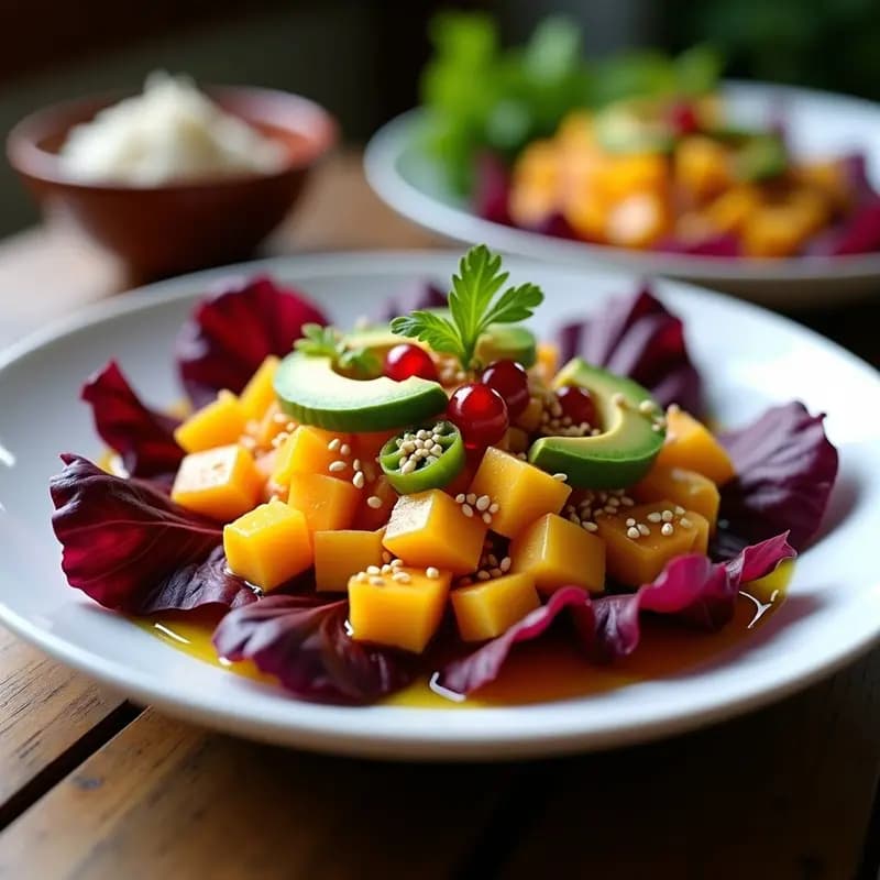 Plato hondo blanco con ceviche de mango y pimiento de Padrón sobre hojas de lechuga morada, decorado con aguacate, semillas de sésamo y granos de granada. Los colores vibrantes del mango naranja, el verde de los pimientos y el morado de la lechuga crean un contraste visual espectacular. Receta de ceviche peruano-español fresco y virales para redes sociales.