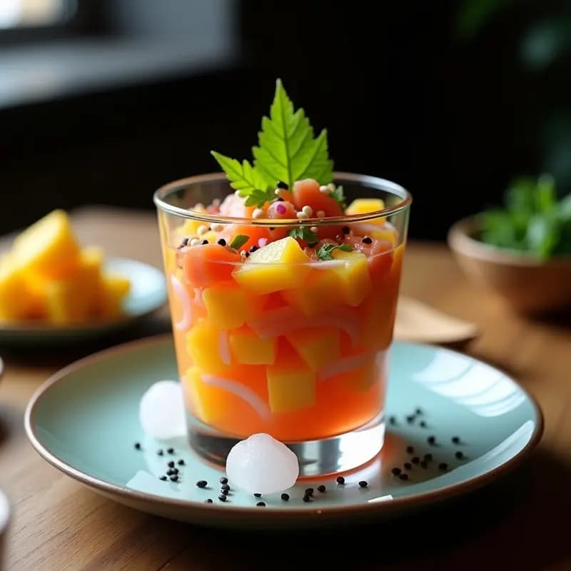 Ceviche de mango y salmón ahumado servido en copa de cóctel, con cubos de mango dorado, salmón rosado y semillas de sésamo negro, decorado con hojas de shiso y rodajas de limón verde sobre fondo oscuro.