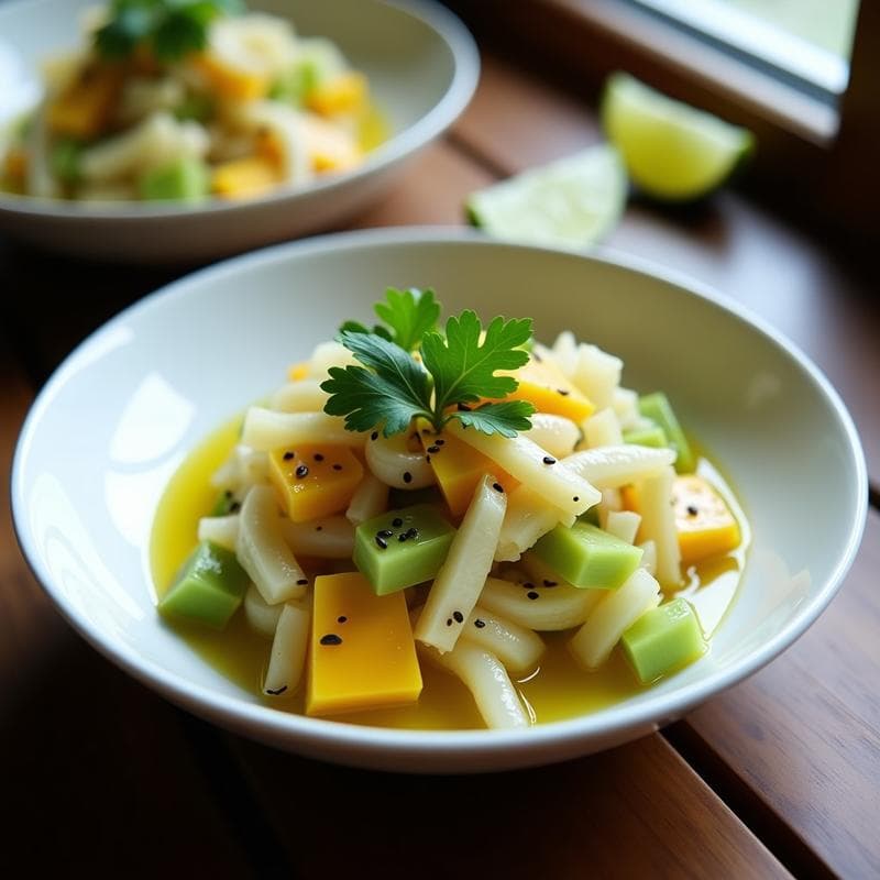Plato blanco con ceviche de mango verde en juliana y ventresca de bonito desmenuzada, decorado con cilantro, semillas de sésamo y rodajas de limón. Receta fusión peruano-japonesa fresca y colorida.
