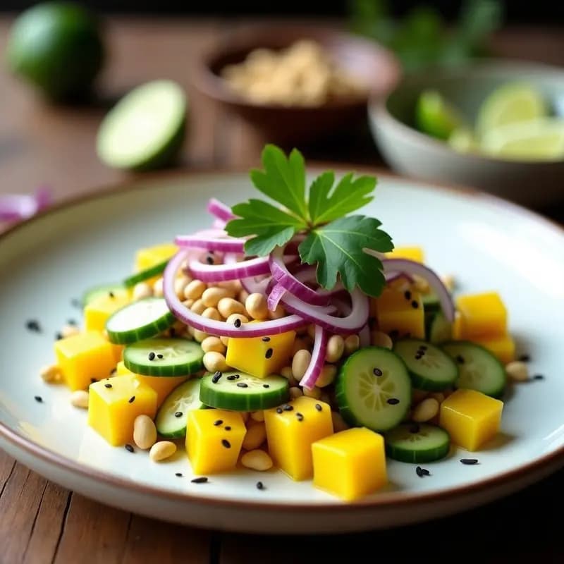 Plato blanco con ceviche de mango verde en cubos, cacahuetes tostados picados, cilantro fresco, hojas de menta y salsa de limón y leche de coco. Decorado con rodajas de limón y semillas de sésamo negro sobre fondo rústico de madera.