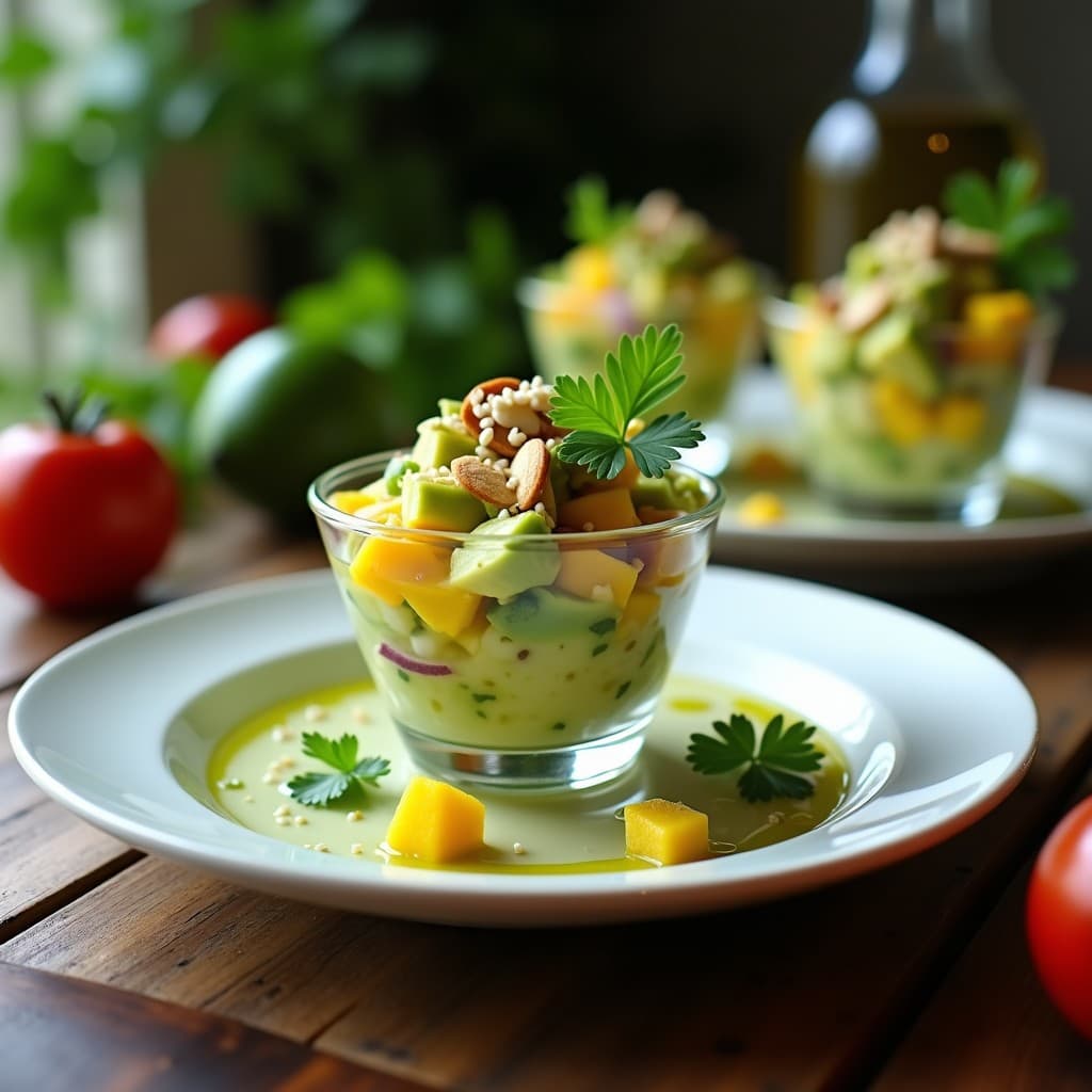 Ceviche de mango verde y coriandro servido en copa de cristal transparente, con trozos de mango verde, aguacate, cebolla morada y almendras fileteadas tostadas, decorado con hojas de coriandro fresco y un hilo de aceite de sésamo.