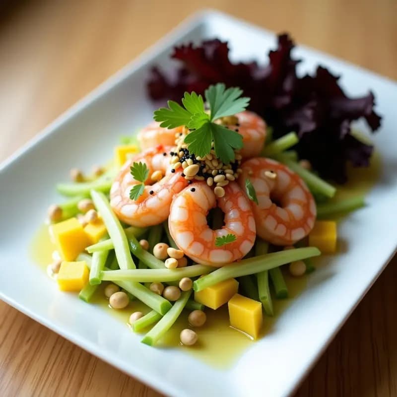 Plato blanco rectangular con ceviche de mango verde en juliana fina, langostinos rosados marinados, cebolla morada, cacahuates picados y semillas de sésamo. Decorado con hojas de cilantro y un chorrito de aceite de sésamo, sobre fondo de madera clara.