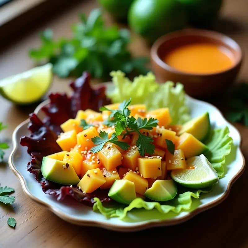 Ceviche vegano de mango verde y palmitos con leche de tigre de chili, servido en hojas de lechuga morada, decorado con aguacate y semillas de sésamo tostadas. Plato fresco y colorido con tonos verdes, morados y crema.