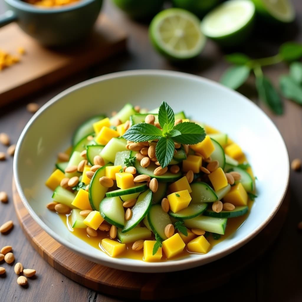 Plato hondo de cerámica blanca con ceiche de mango verde y pepino en juliana, cebolla morada, cilantro fresco y crujiente de semillas de calabaza tostadas espolvoreadas por encima. Acompañado de hojas de lechuga morada y rodajas de limón verde al lado. Receta vegana Perú-Ecuatoriana fresca y colorida.
