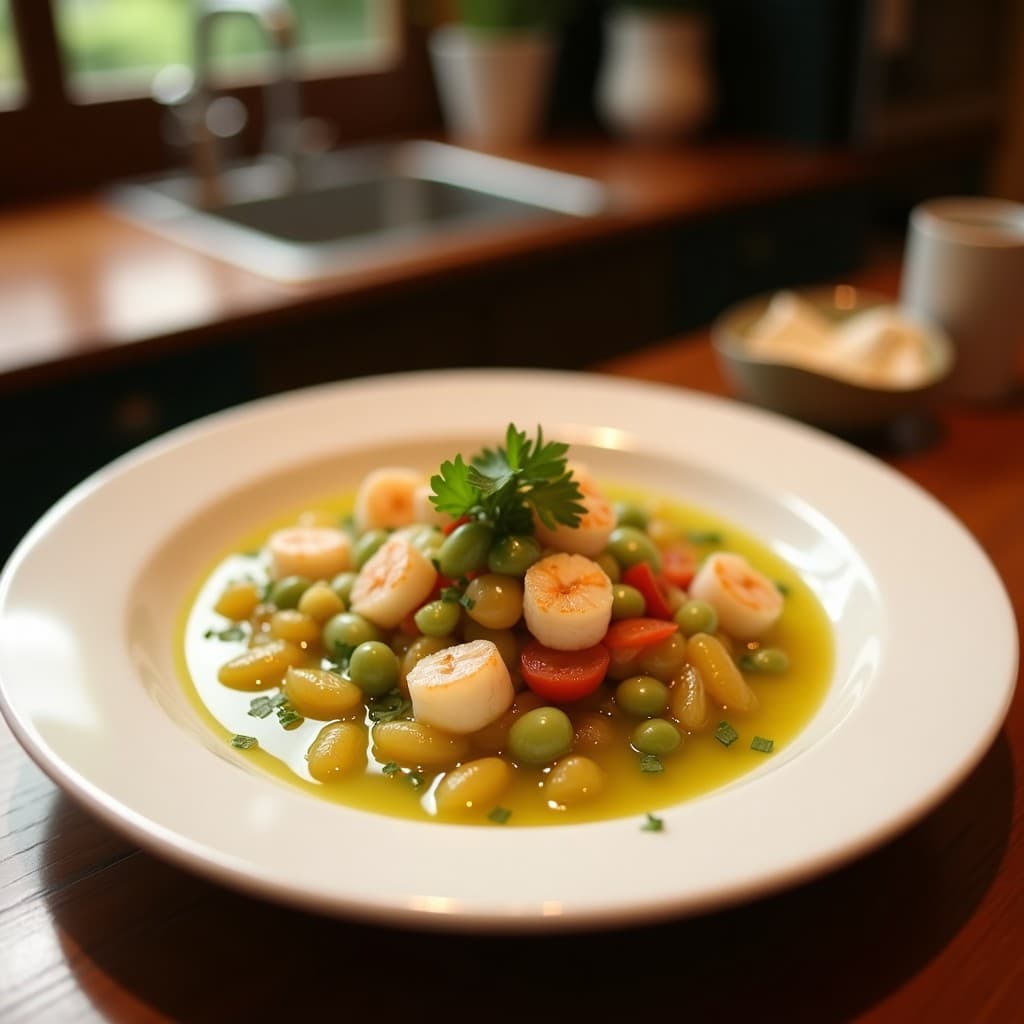 Ceviche de manzana verde y camarones sin limón servido en copa de cristal, con trozos de manzana crujiente, camarones rosados y decoración de cilantro fresco. Plato colorido con toques ácidos, típico de la cocina peruana moderna.