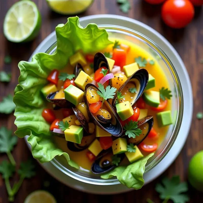 Ceviche de mejillones con lulo y cúrcuma servido en un tupper transparente sobre hojas de lechuga romana, con cubos de aguacate, cebolla morada y cilantro fresco. El plato muestra un color dorado vibrante por la cúrcuma y un toque cítrico del lulo, típico de la cocina ecuatoriana alta en omega-3.