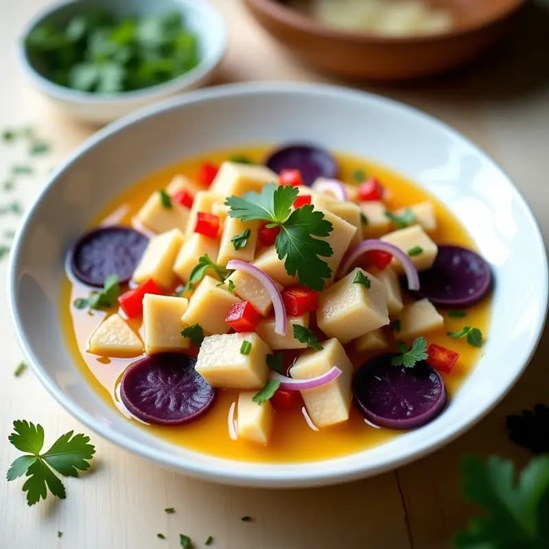 Plato blanco rústico con ceviche de mero en cubos marinado en leche de tigre amarilla, acompañado de camote morado asado en cubos, cebolla roja en juliana y maíz tostado. Decorado con hojas de culantro fresco sobre fondo de madera oscura.