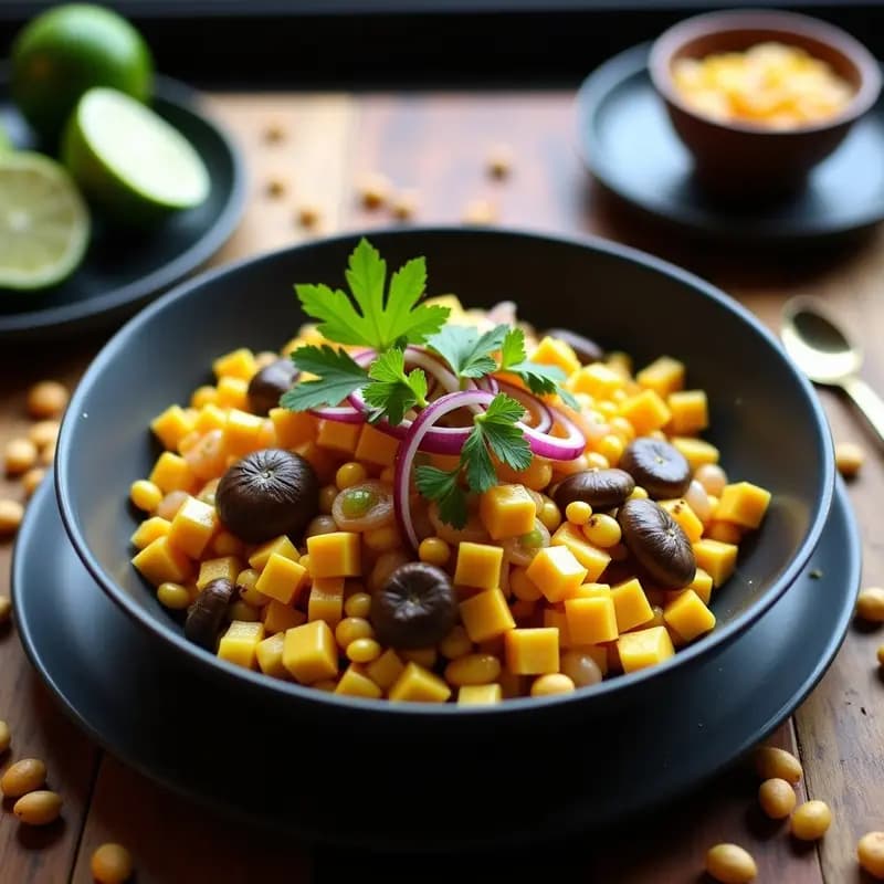 Ceviche peruano de mushrooms y maracuyá servido en plato hondo de cerámica negra, con hongos portobello y shiitake marinados en leche de tigre de maracuyá, cebolla morada, maíz morado y cancha serrana tostada. Decorado con pulpa de maracuyá y hojas de cilantro fresco.